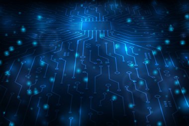 Vector futuristic perspective microchip CPU circuit board blue light. Technology abstract background.	