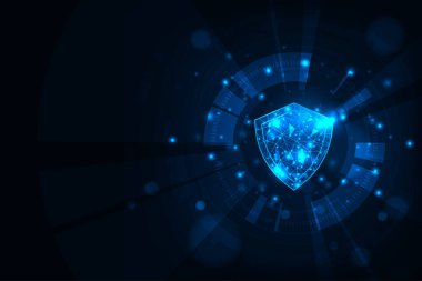 Kalkan teknolojisi geçmişi olan vektör gövde halkası. Siber güvenlik kavramı. Verileri koru. Teknoloji çemberinde kalkan.