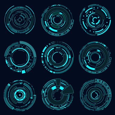 Vektör ayarlı teknoloji çemberi, HUD fütüristik çerçeve teknolojisi. Teknoloji Yüksek Teknoloji elementi.