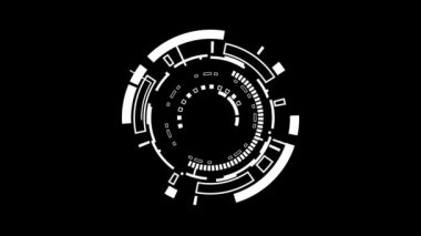 Hedef arama alanı ve tarama ögesi teması. İzole edilmiş siyah arkaplanda HUD çember kullanıcı arayüzü. Dijital Ul ve Scifi 4K hareketli görüntü.