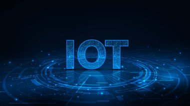 Şeylerin Geleceği İnternet (IOT) kavramı. Koyu mavi arkaplanda büyük veri bulutu hesaplama ağı.