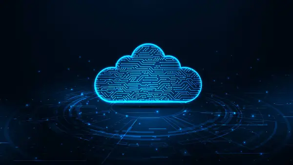 Gelecekçi bulut depolama teknolojisi konsepti. Koyu mavi arkaplanda büyük veri ağı.