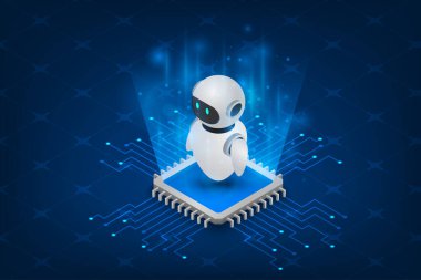 Yapay zeka ai robotu, isometrik işlem, dijital teknoloji bilgisayar ekipmanları, büyük veri işleme.