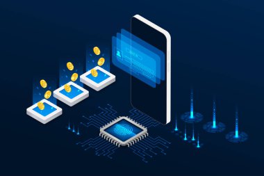 İzometrik cep telefonu soyut dijital. Finans ve ticaret çevrimiçi uygulama kavramı.