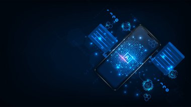 Akıllı telefondaki yapay zeka çipi. Soyut dijital teknoloji yenilik arkaplanı.