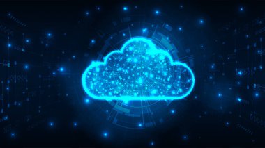 Gelecekçi bulut strorage internet siber teknoloji konsepti. Mavi arkaplandaki devreyle bulut bağlantısı.