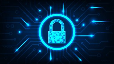 Fütüristik teknoloji soyut dijital güvenlik teknolojisi çemberi Koyu mavi arka planlı yüksek teknoloji hattı devre kartı