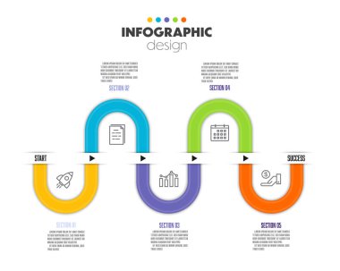 Sunumlar ve 5 seçenekli iş konsepti grafikleri için zaman çizelgesi bilgi şablonu şeması.