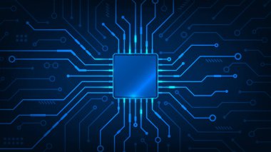 Mavi arkaplanda soyut teknoloji çip işlemci devre kartı