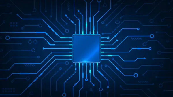 Mavi arkaplanda soyut teknoloji çip işlemci devre kartı
