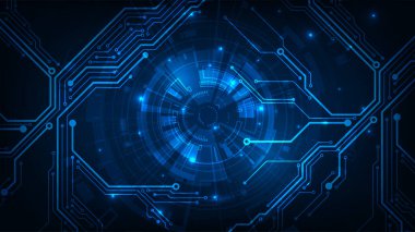 Dijital hud teknolojisi soyut devre kartı koyu arkaplan üzerinde mavi yenilik kavramı
