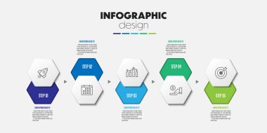 Konsept iş simgesi ile sunum bilgi şablonu 5 adım renkli altıgen şekli
