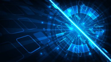 Teknoloji soyut temsil bilgisayar ağları ve çizgi çember devresi kare perspektif mavi arkaplan görünümünde
