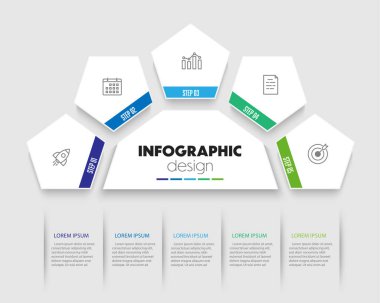 Hexagon şekli sunumu konsept iş simgesi 5 adım renkli bilgi şablonu