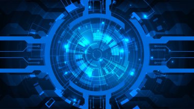 Dijital hud teknolojisi soyut devre kartı koyu arkaplan üzerinde mavi yenilik kavramı