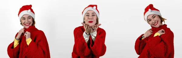 Joven Mujer Positiva Con Sombrero Navidad Santa Sobre Fondo Blanco —  Fotos de Stock