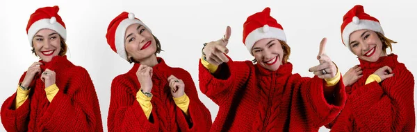 Jovem Mulher Positiva Usando Chapéu Papai Noel Natal Fundo Branco — Fotografia de Stock