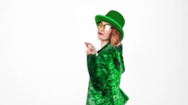 St. Patricks Day leprechaun model woman. Portrait of woman on Patricks Day celebration. White background