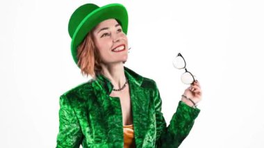 St. Patricks Day leprechaun model woman. Portrait of woman on Patricks Day celebration. White background