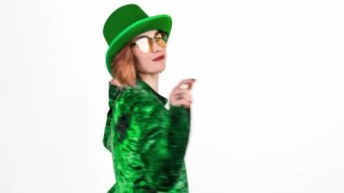 St. Patricks Day leprechaun model woman. Portrait of woman on Patricks Day celebration. White background