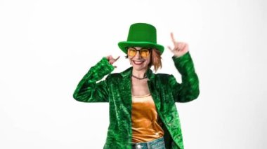 St. Patricks Day leprechaun model woman. Portrait of woman on Patricks Day celebration. White background