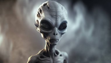 Angry alien. Portrait of an alien on a dark background.  Alien invasion concept
