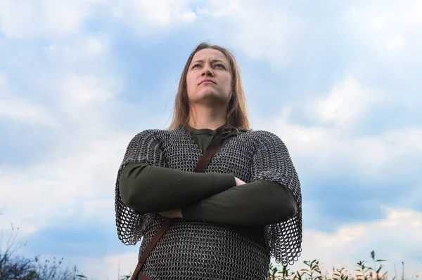 Γυναίκα Στρατιώτης Του Μεσαιωνικού Στρατού Πορτρέτο Της Γυναίκας Στην Εικόνα — Φωτογραφία Αρχείου