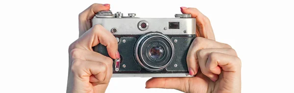 Câmera Retro Mãos Femininas Close Mãos Mulher Segurando Câmera Fotográfica — Fotografia de Stock