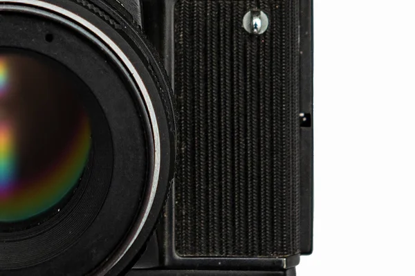 Retro Fényképezőgép Elülső Nézet Elszigetelt Fehér Háttér — Stock Fotó