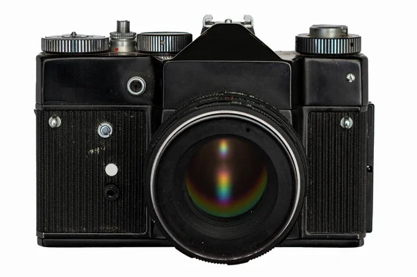 Retro Fényképezőgép Elülső Nézet Elszigetelt Fehér Háttér — Stock Fotó