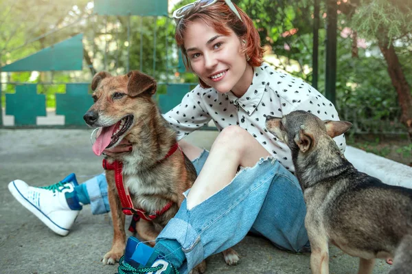 Animal shelter volunteer with dogs. Dog at the shelter. Lonely dogs in cage with cheerful woman volunteer