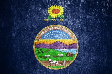 Kansas State grunge bayrağının yakın çekimi. Metal bir yüzeyde kirli Kansas bayrağı.