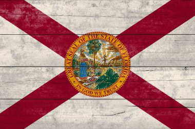 Tahta bir yüzeyde Florida bayrağı. Florida Eyaleti bayrağının bayrağı. 