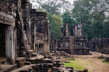 Tapınak yıkıntısı, yemyeşil ormanda Angkor Wat tarihi yapısını inşa ediyor. Kamboçya 'da turizm