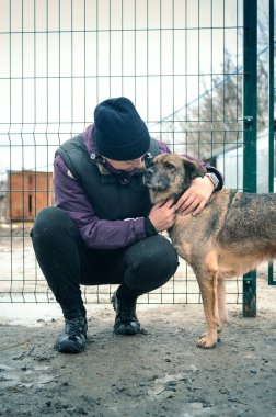 Barınaktaki köpek. Hayvan barınağı gönüllüsü köpekleri besliyor. Kafesteki yalnız köpekler ve neşeli kadın gönüllü. Dikey resim