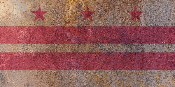 Washington DC bayrağı. Paslı metal yüzeyinde kirli DC bayrağı. Paslı metal dokusu 