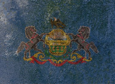 Pennsylvania Eyalet Bayrağı. Paslı metal yüzeyinde kirli Pennsylvania bayrağı. Paslı metal dokusu 