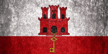 Gibraltar Eyalet Bayrağı. Metal yüzeyde kirli Cebelitarık bayrağı. Metal doku 
