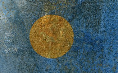 Palau Eyalet Bayrağı. Metal yüzeyde kirli Palau bayrağı. Metal doku 