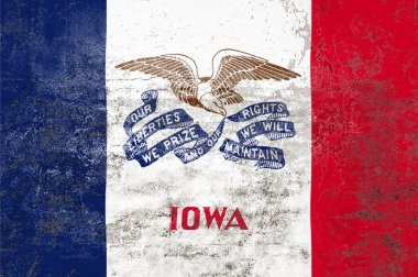 Iowa Eyalet Bayrağı. Duvarda kirli Iowa bayrağı var. Grunge duvar dokusu 