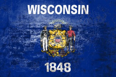 Wisconsin Eyalet Bayrağı. Duvarda kirli Wisconsin bayrağı var. Grunge duvar dokusu 