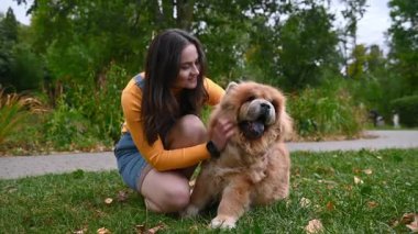 Parkta bir köpekle yatan genç bir kadın. Güzel köpek mamasıyla bir kadının portresi. En iyi arkadaşımla kestiriyorum.