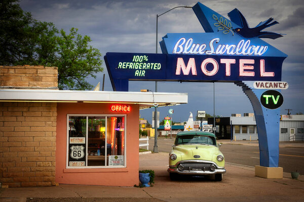 The Blue Swallow Motel, built in 1939, still operates on historic Route 66 in Tucumcari, New Mexico.
