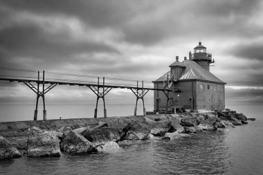 The Sturgeon Bay Ship Canal North Pierhead Light was built in 1881 and is connected by a steel walkway.  It is one of the most iconic Lake Michigan lighthouses and is located in Sturgeon Bay, Wisconsin.