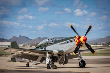 Bir P-51 Mustang, Tucson Arizona 'daki 2023 Thunder ve Lightning Over Arizona hava gösterisinde pistte duruyor..