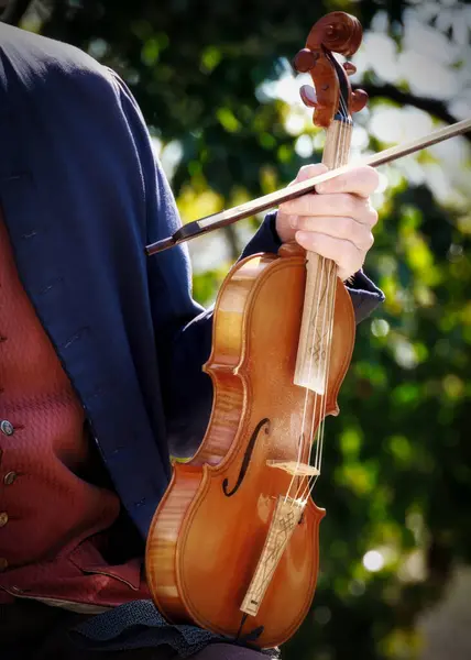 Скрипаль Тримає Інструмент Між Піснею Колоніальному Вільямсбурзі Штат Вірджинія — стокове фото