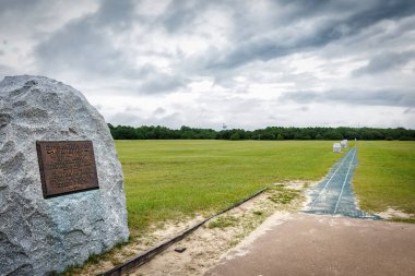 Wright Brothers National Memorial at Kill Devil Hills, North Carolina. Site of the first success flight of the airplane on December 17, 1903, the markers to the left are their landing markers. clipart