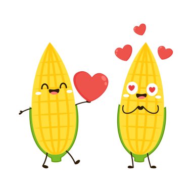 Mısır karikatürü vektörü. Beyaz üzerine izole edilmiş şirin bir sebze vektörü karakteri. Mısır maskotu..