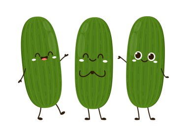 Salatalık. Beyaz arka planda izole edilmiş şirin bir sebze vektör karakteri. Salatalık maskotu..