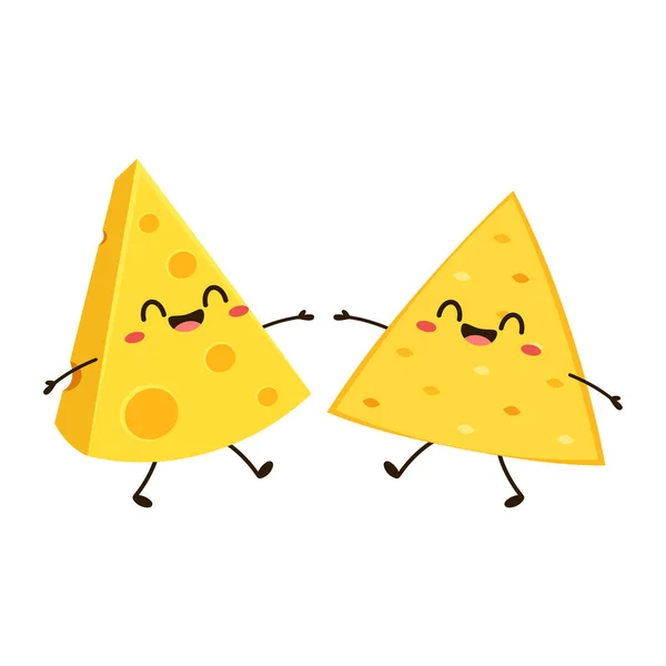 Nacho角色设计 玉米片和奶酪载体 白色背景 奶酪伸展 可爱的玉米片和奶酪卡通片 — 图库矢量图片